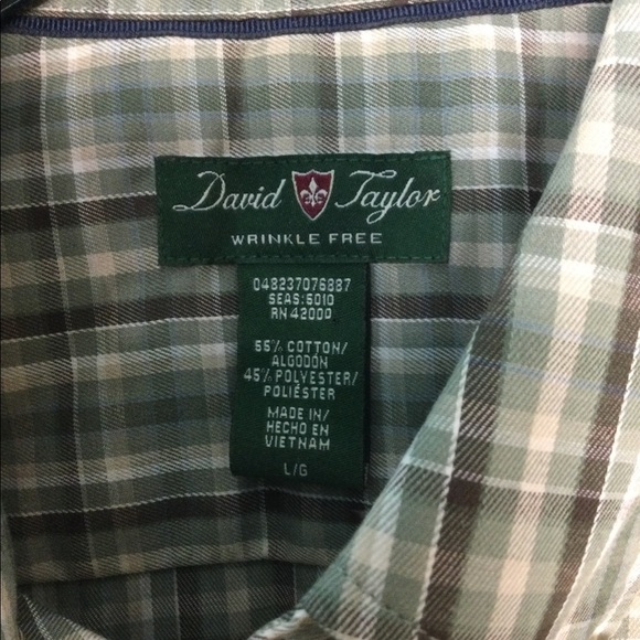Men’s David Taylor L Large Button Front Casual Shirt Olive Green Plaid Tan NWOT - Picture 5 of 7